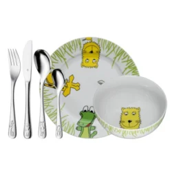 WMF Kinderbesteckset 6-teilig Safari, Toddler Cutlery Set, Grün, Edelstahl, Weiß, Porzellan, Edelstahl, 3 Jahr(e), 16,5 Cm, 18,5 Cm