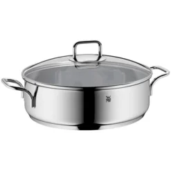 WMF Bräter Mit Deckel Backofengeeignet, 5l, Schmorpfanne 28 Cm Hoher Rand, Schmortopf Induktion, Cromargan Edelstahl, Glasdeckel, Unbeschichtet