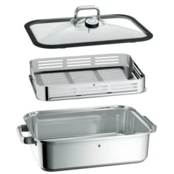 WMF Vitalis Aroma Dampfgarer/Bräter Mit Servierzange 6,5l, 41 X 27 X 10 Cm, Glasdeckel Mit Silikonrand, Garthermometer, Garblech, Cromargan Edelstahl, Induktion -VMD Geschäft unnamed file 2237