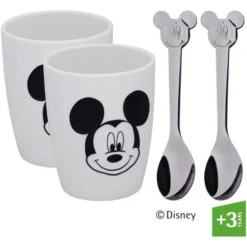 WMF Disney Mickey Mouse Tassen Set M, 2 Tassen Mit Löffel, Porzellan, Cromargan Edelstahl Poliert, Spülmaschinengeeignet