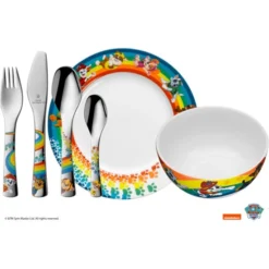 WMF Paw Patrol Kinder Geschirrset 6-teilig, Kindergeschirr Mit Kinderbesteck Edelstahl, Ab 3 Jahre, Cromargan Poliert, Spülmaschinengeeignet