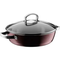 WMF Fusiontec Mineral Schmorpfanne 28 Cm Induktion, Bräter Mit Glasdeckel, Schmortopf 4,1l, Hoher Rand, High-Tech Keramik, Kratzfest, Dunkelrot