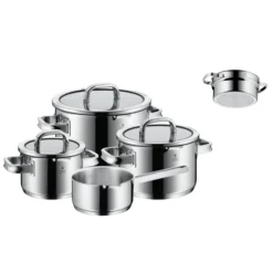 WMF Function 4 Topfset 5-teilig Mit Glasdeckel, Kochtopf, Stielkasserolle, Dämpfer, Cromargan Edelstahl Poliert, 4 Abgießfunktionen, Innenskalierung, Induktionsgeeignet, Schwarz